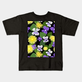 Cross-stitch Dandelions and Violets on Black Vertical Kids T-Shirt